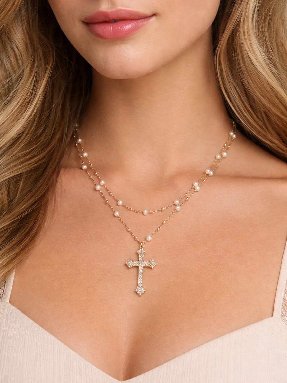 Guess Gold Layered Pearl Necklace with Crystal Cross Pendant